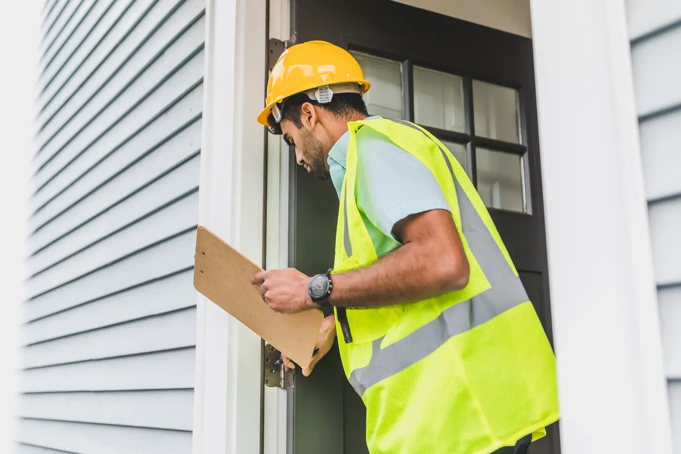 A contractor recording site details on a clipboard before a concrete quote is written